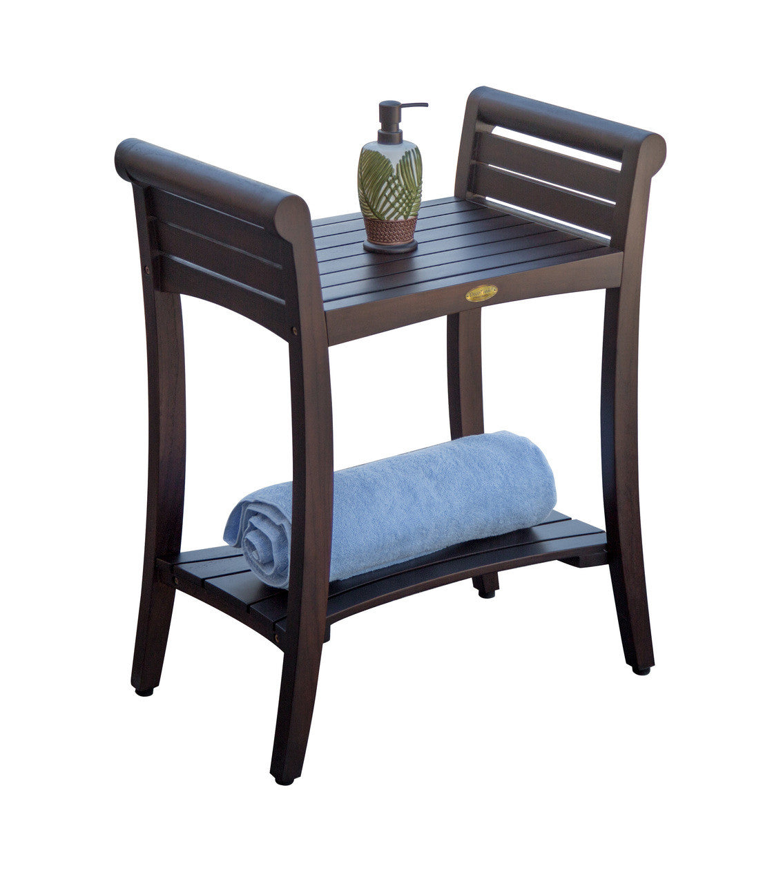 DecoTeak® Symmetry® 24" Teak Wood Shower Bench with Shelf and Curved LiftAide® Arms in Woodland Brown Finish - Extended Height