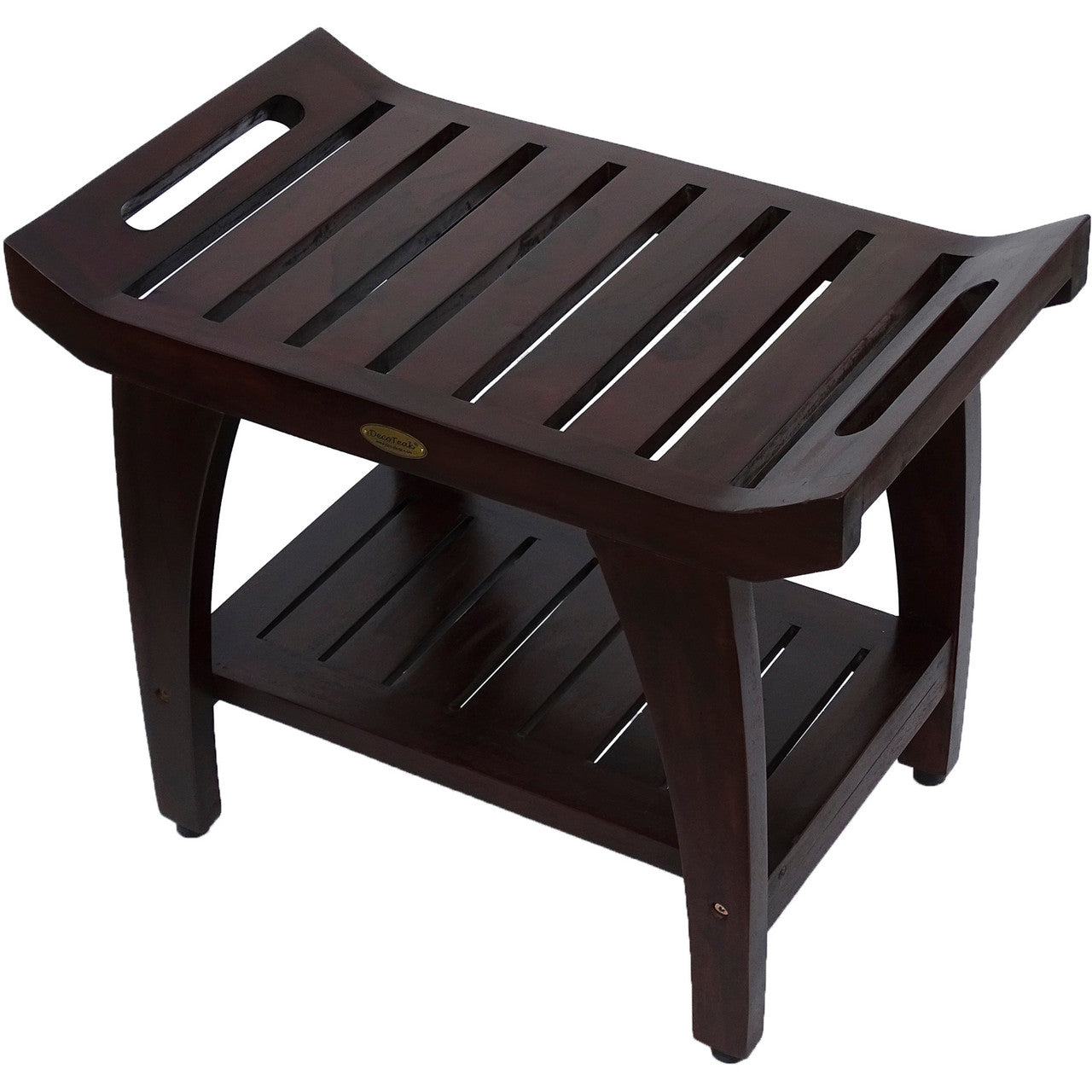 DecoTeak® Tranquility® 24" Teak Wood Shower Bench with Shelf and LiftAide® Arms in Woodland Brown Finish