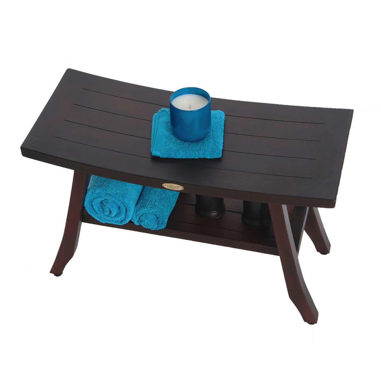 DecoTeak® Satori® 28" Teak Wood Shower Bench with Shelf in Woodland Brown Finish