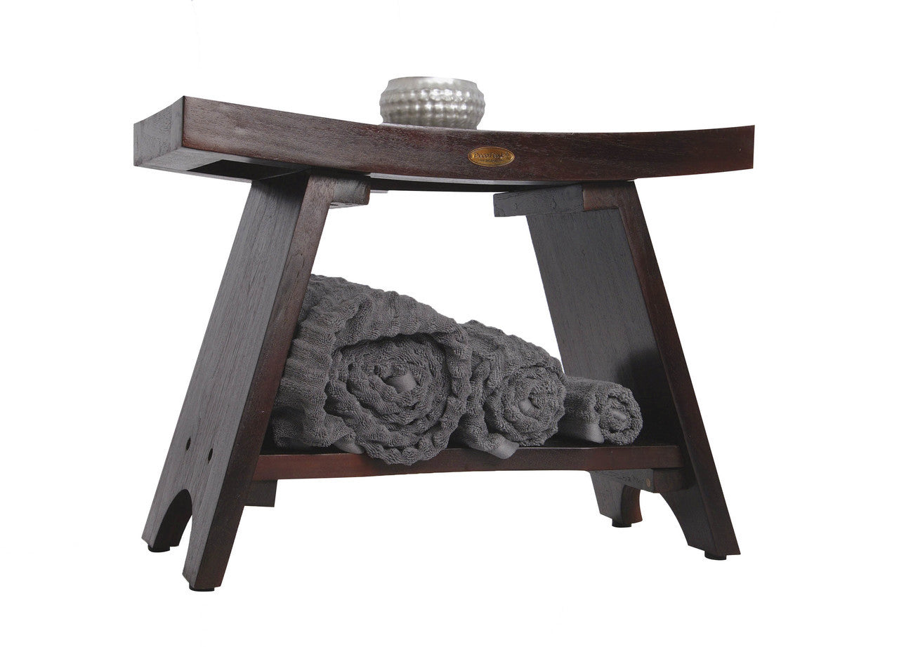DecoTeak® Serenity® 24" Teak Wood Shower Bench with Shelf in Woodland Brown Finish