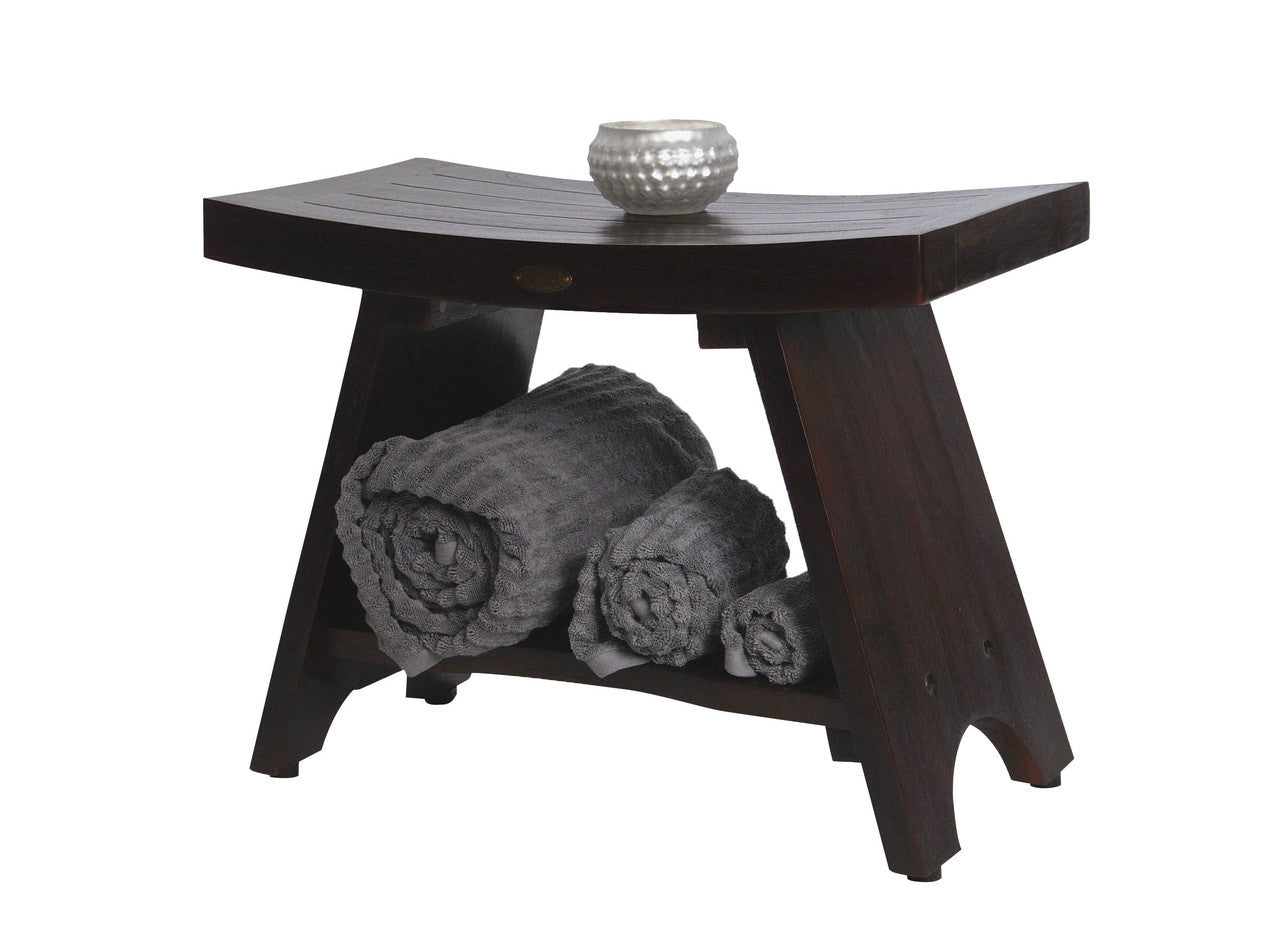 DecoTeak® Serenity® 24" Teak Wood Shower Bench with Shelf in Woodland Brown Finish