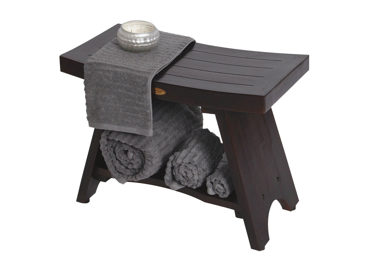 DecoTeak® Serenity® 24" Teak Wood Shower Bench with Shelf in Woodland Brown Finish