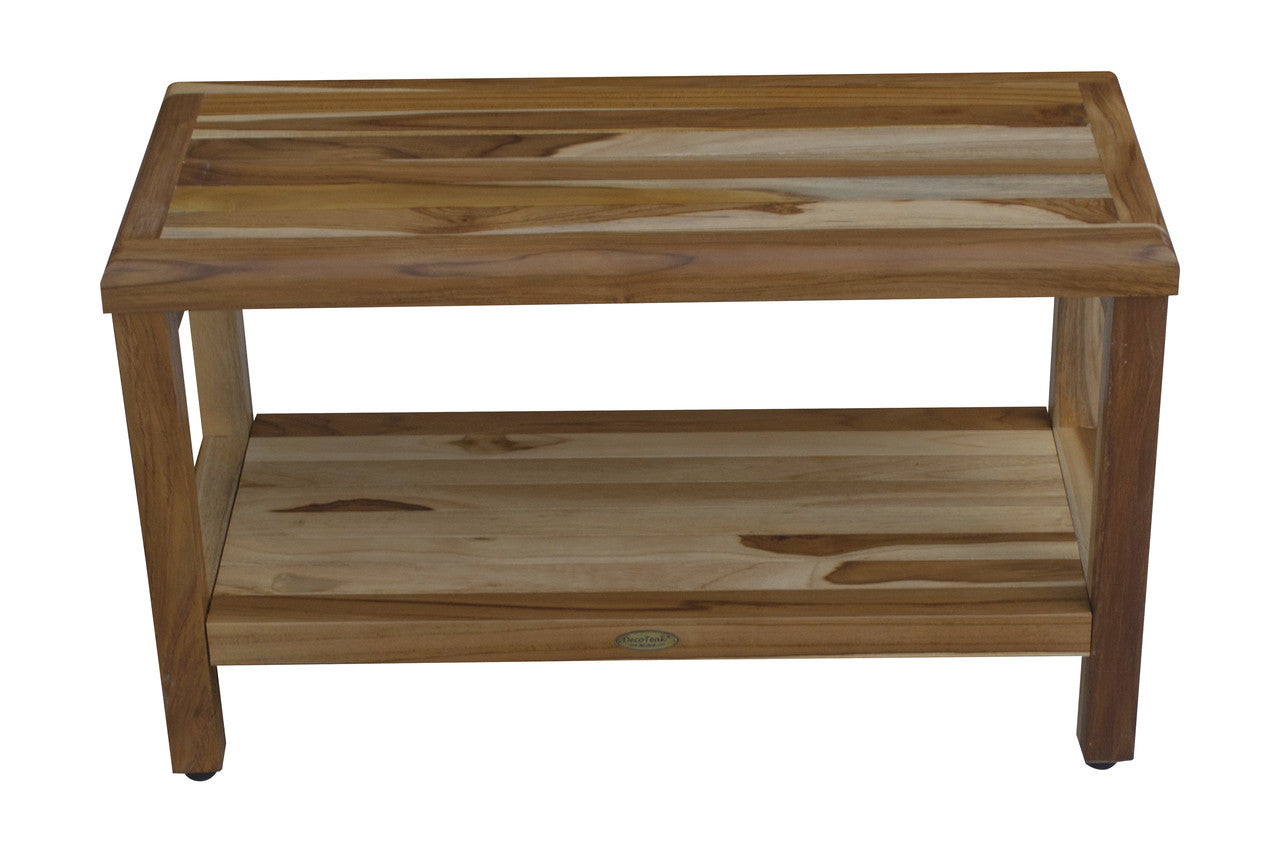 EcoDecors® Eleganto® 30" Teak Wood Shower Bench with Shelf in EarthyTeak Finish