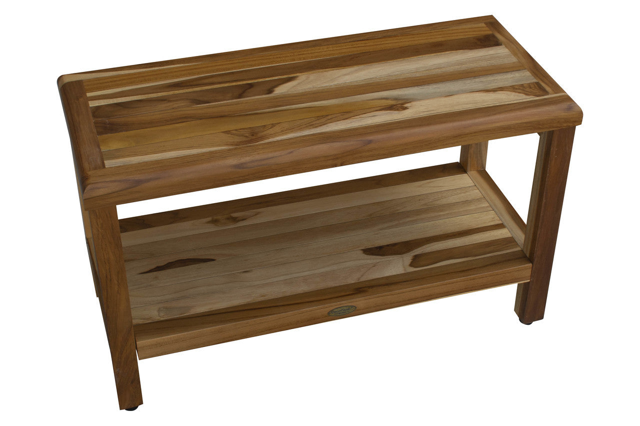 EcoDecors® Eleganto® 30" Teak Wood Shower Bench with Shelf in EarthyTeak Finish