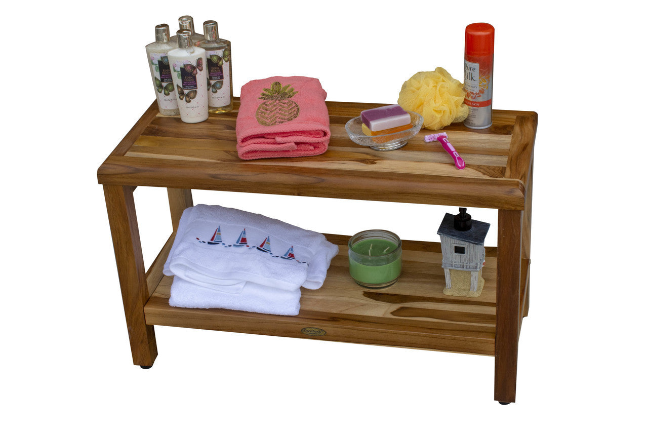 EcoDecors® Eleganto® 30" Teak Wood Shower Bench with Shelf in EarthyTeak Finish