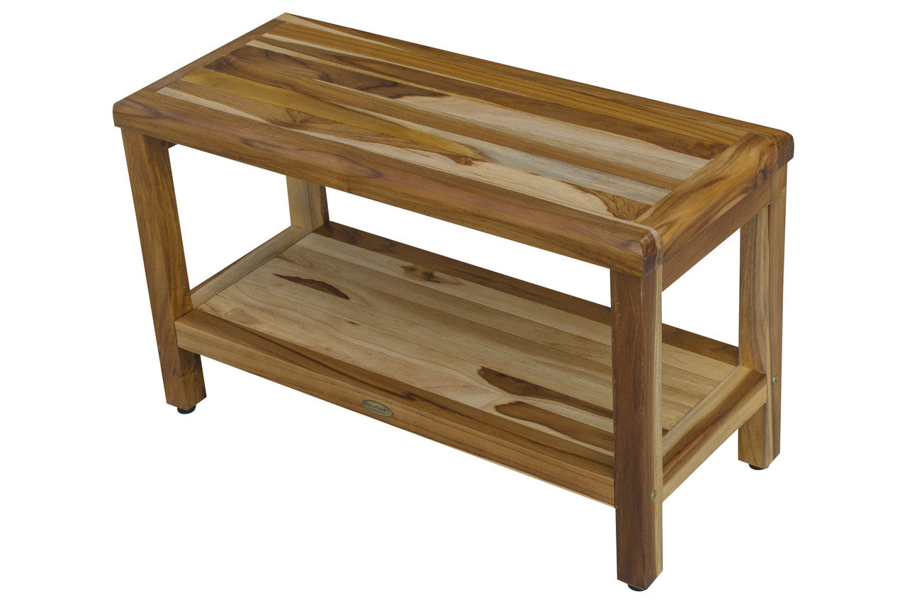 EcoDecors® Eleganto® 30" Teak Wood Shower Bench with Shelf in EarthyTeak Finish