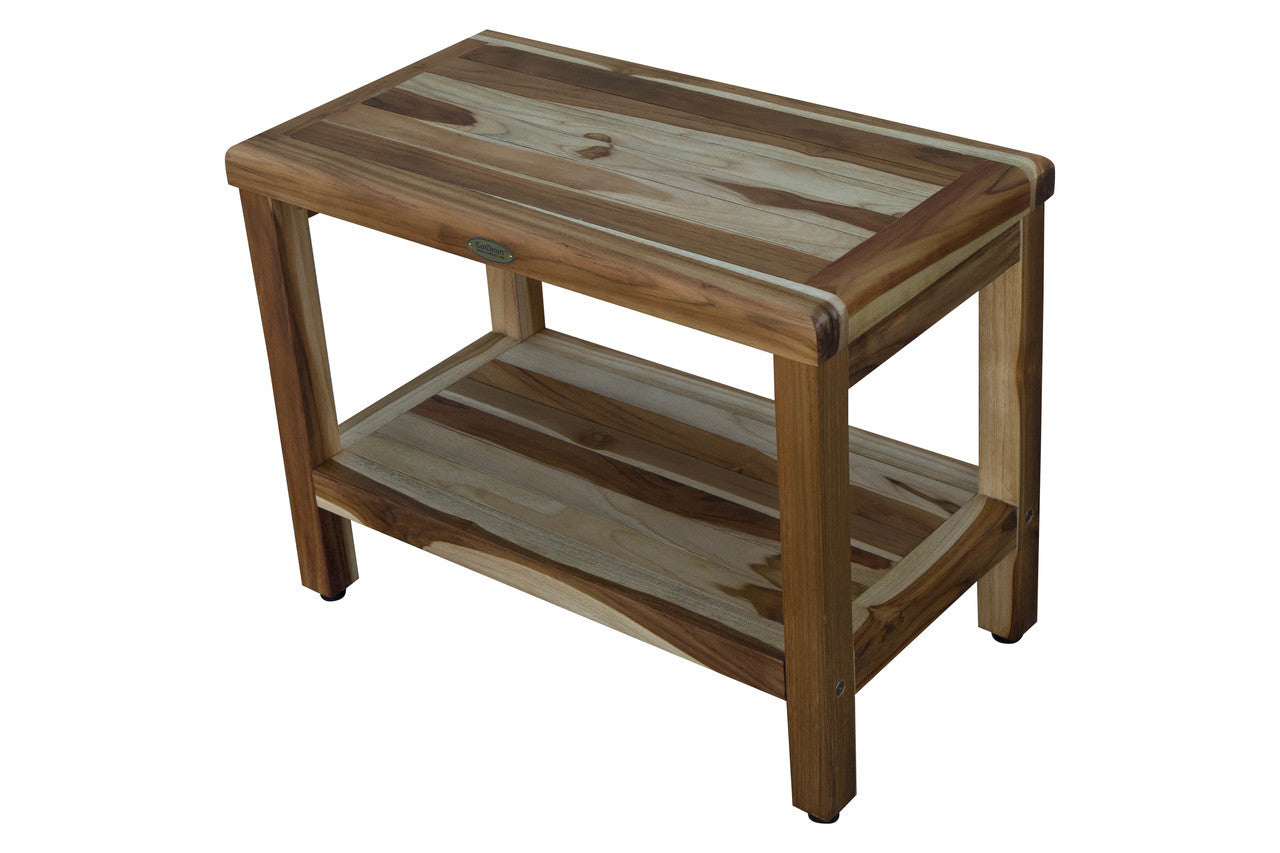 EcoDecors® Eleganto® 24" Teak Wood Shower Bench with Shelf in EarthyTeak Finish