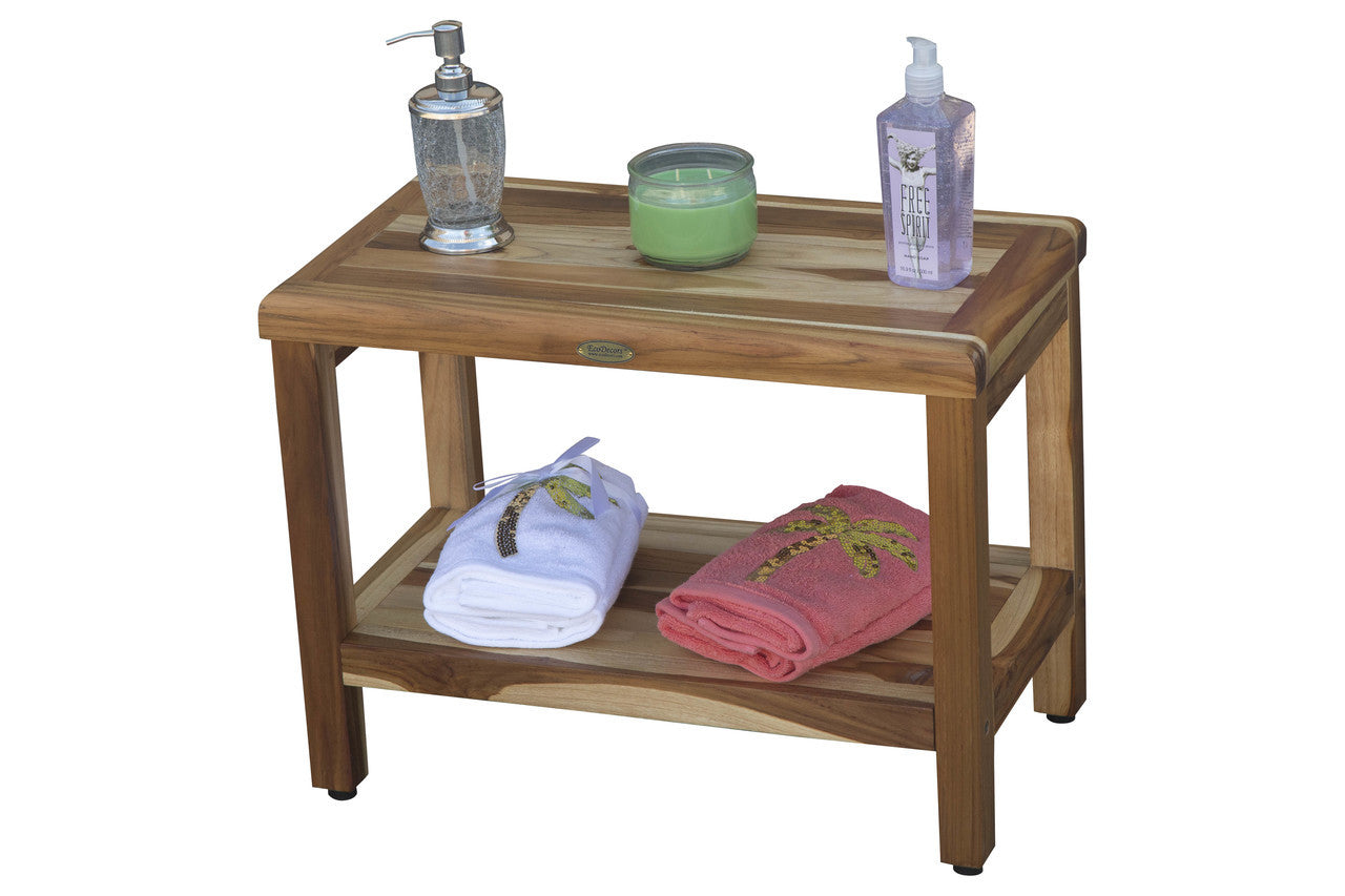 EcoDecors® Eleganto® 24" Teak Wood Shower Bench with Shelf in EarthyTeak Finish