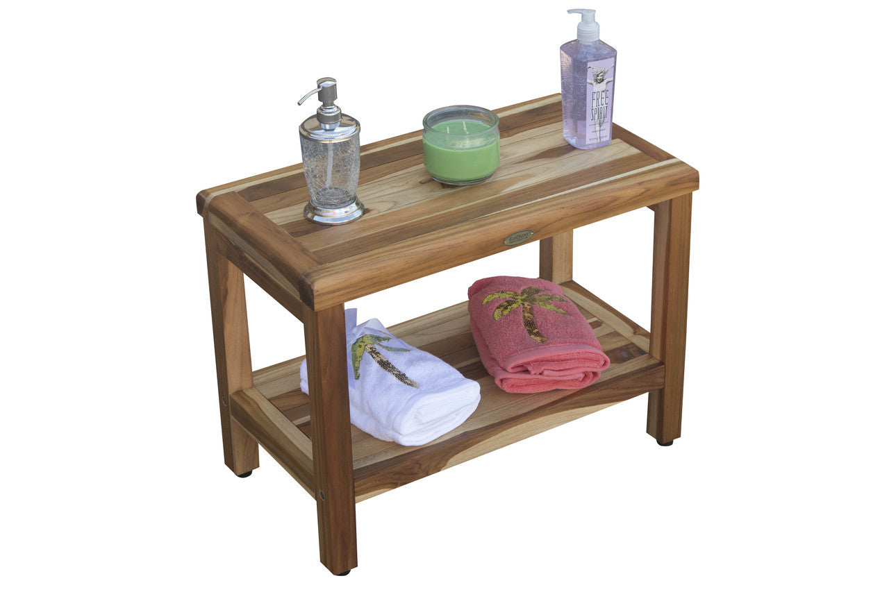 EcoDecors® Eleganto® 24" Teak Wood Shower Bench with Shelf in EarthyTeak Finish