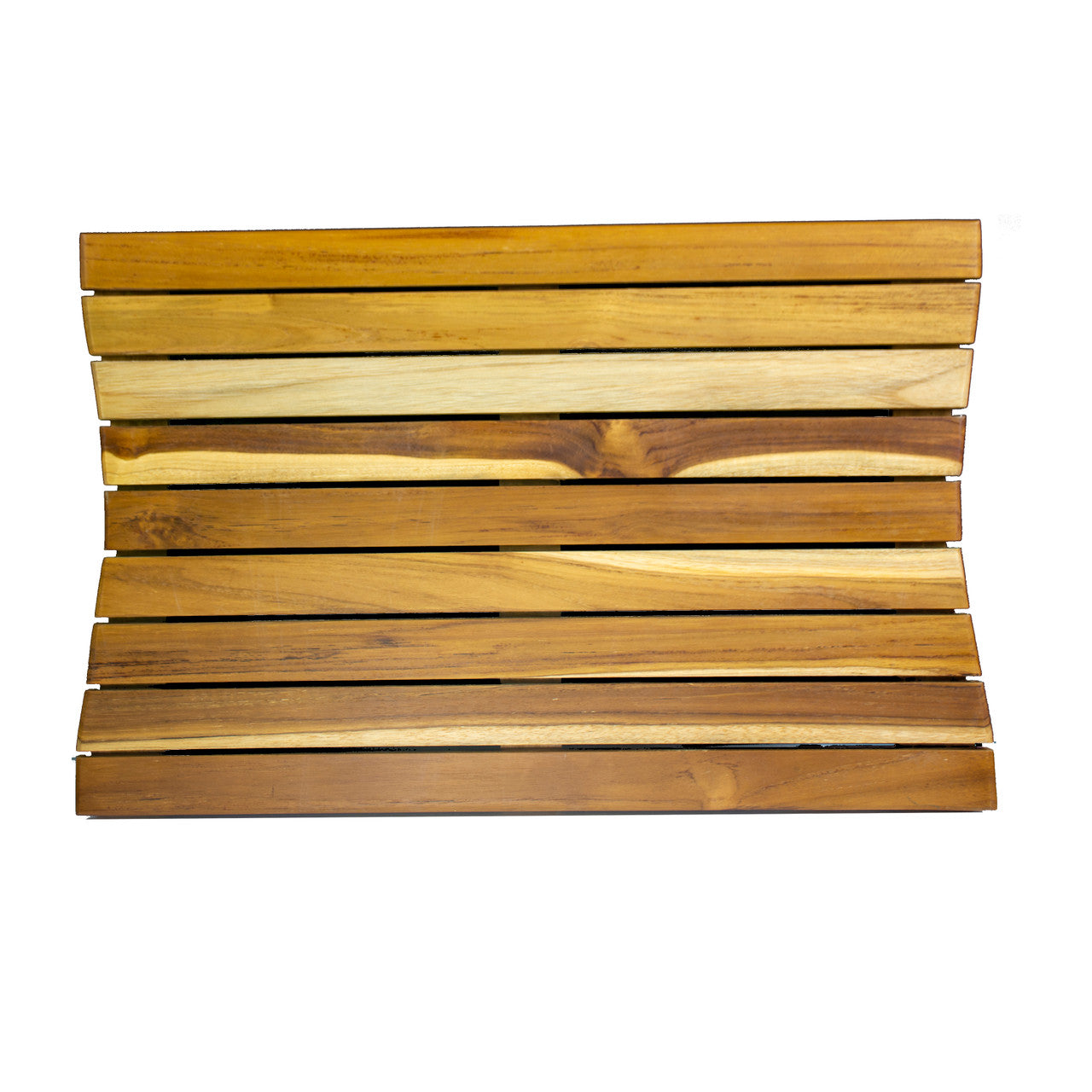 The EcoDecors Eleganto 23" x 15" Slatted Solid Teak Bath Floor Mat in EarthyTeak Finish