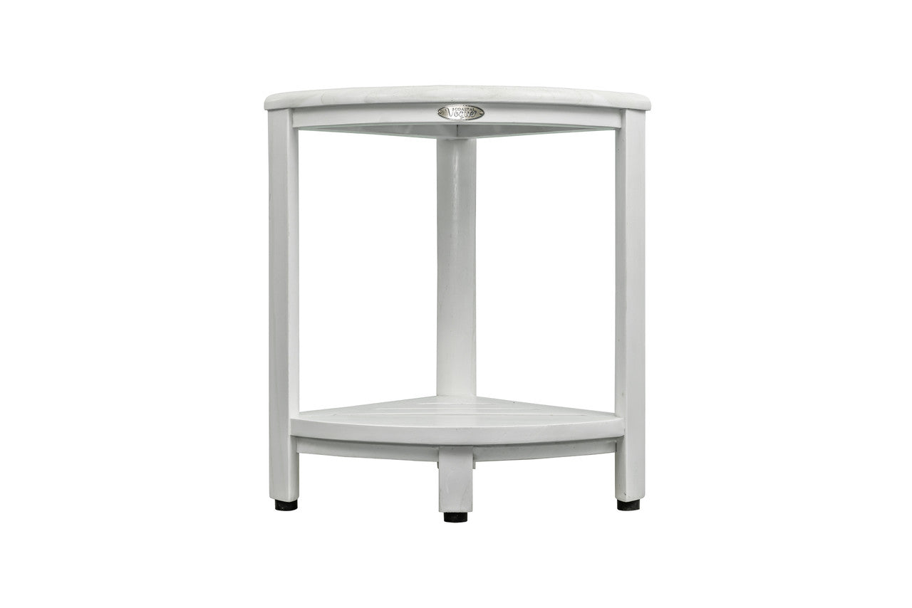 CoastalVogue® SnazzyCorner® 18" Teak Wood Corner Shower Bench with Shelf in Coastal Driftwood Finish