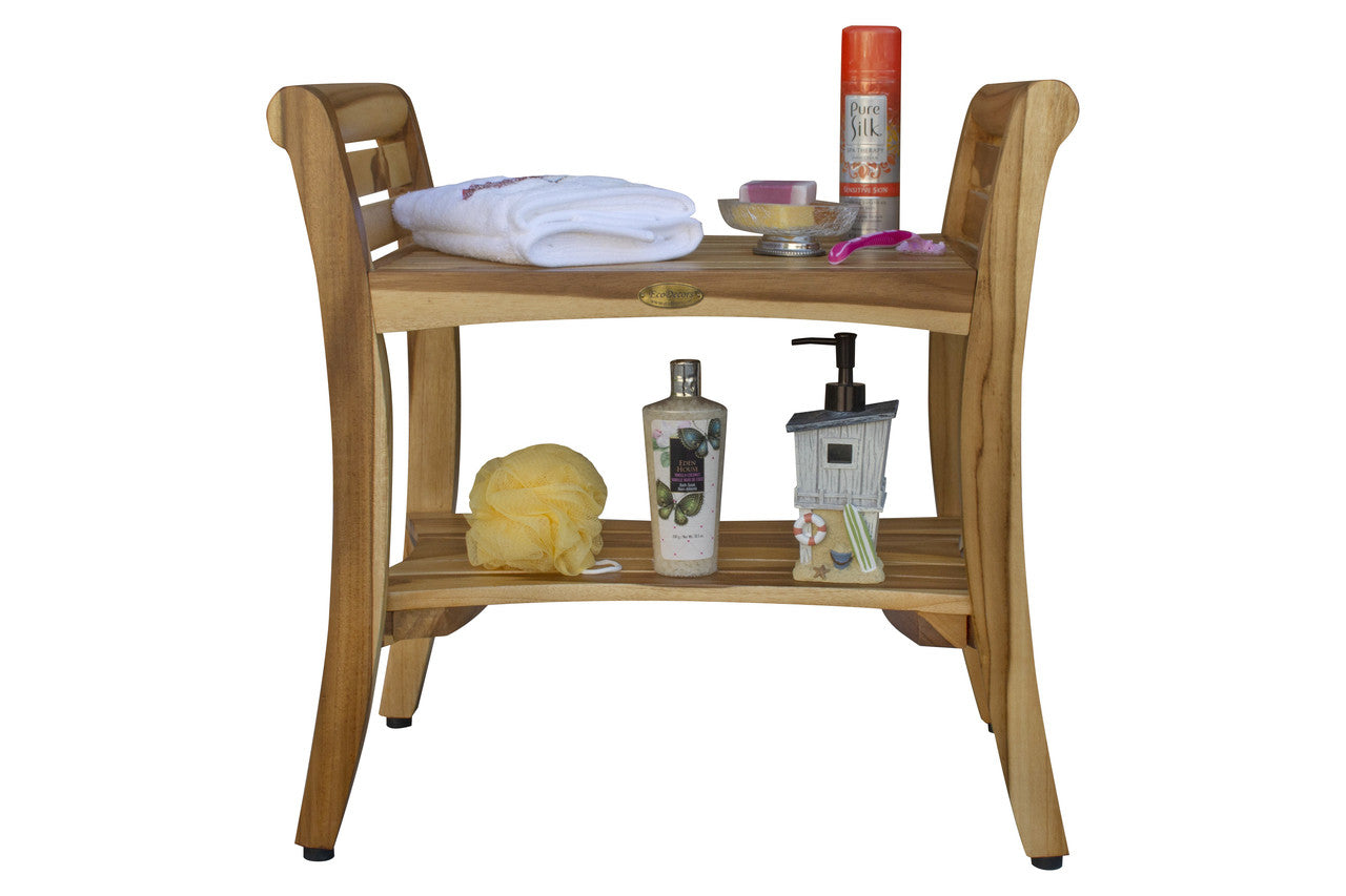 EcoDecors® Symmetry® 24" Teak Wood Shower Bench with Shelf and LiftAide® Arms in EarthyTeak Finish
