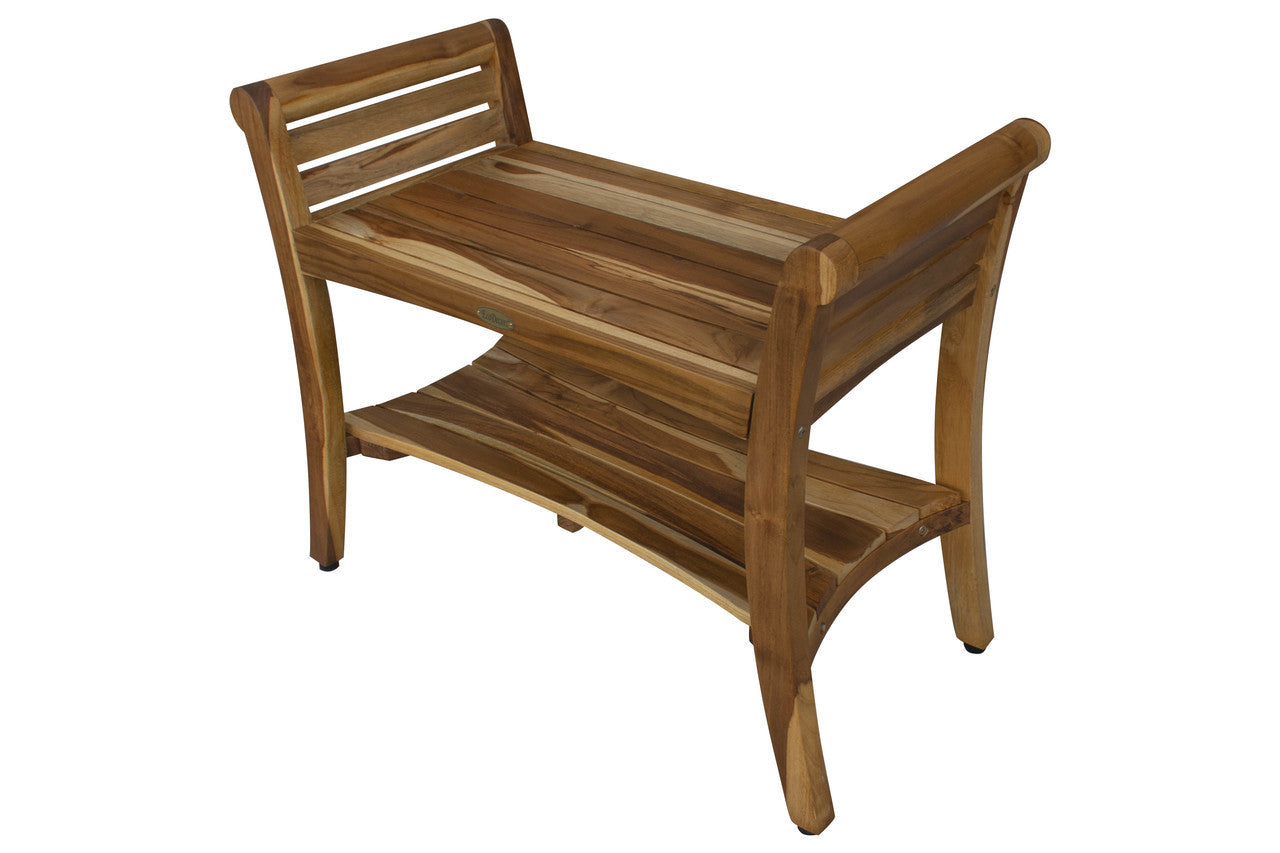 EcoDecors® Symmetry® 29" Teak Wood Shower Bench with Shelf and LiftAide® Arms in EarthyTeak Finish