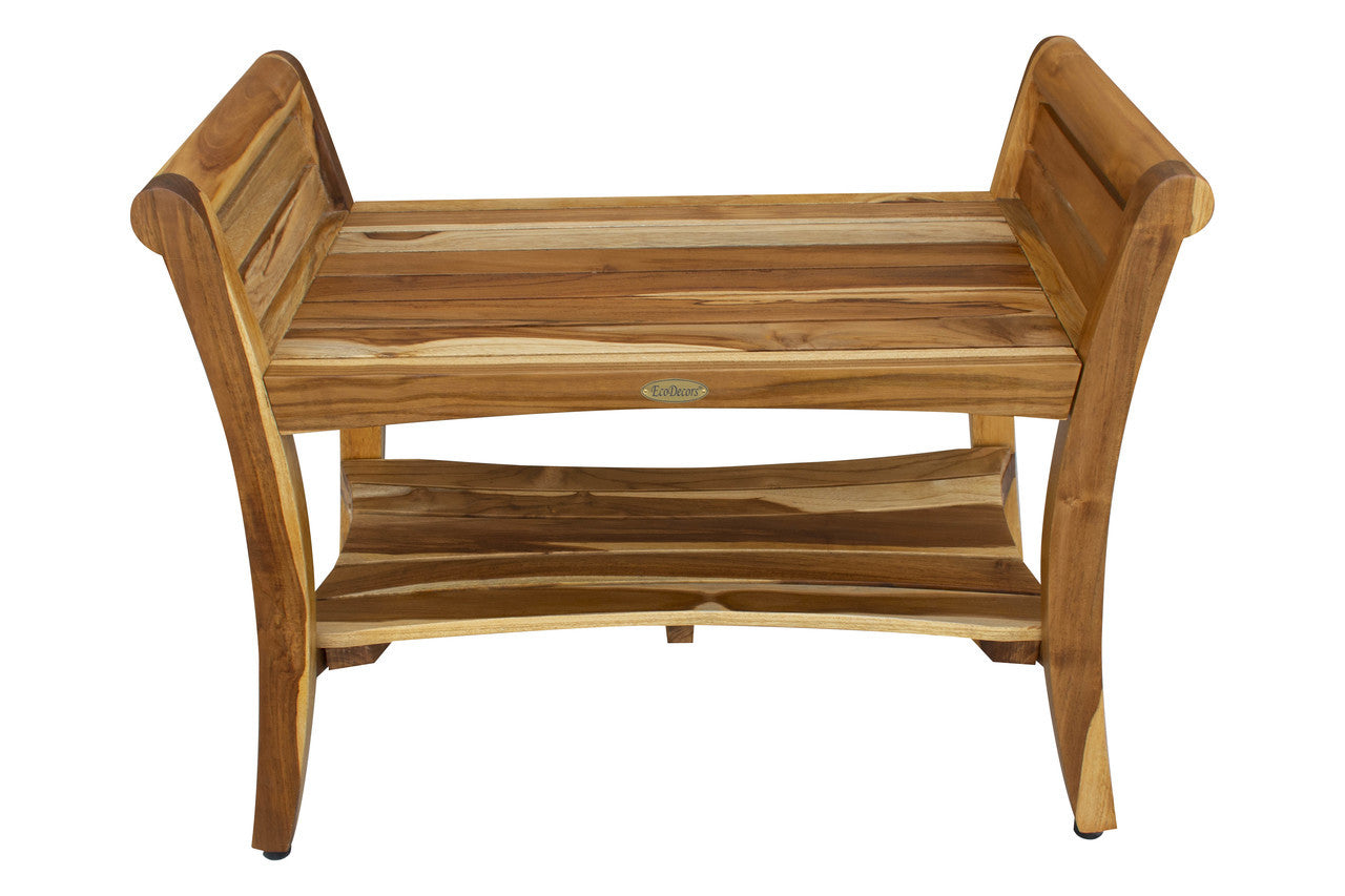 EcoDecors® Symmetry® 29" Teak Wood Shower Bench with Shelf and LiftAide® Arms in EarthyTeak Finish