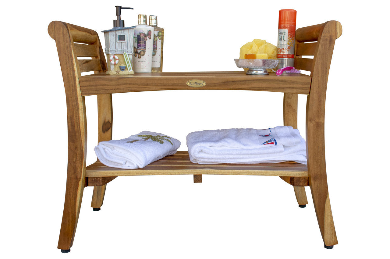 EcoDecors® Symmetry® 29" Teak Wood Shower Bench with Shelf and LiftAide® Arms in EarthyTeak Finish