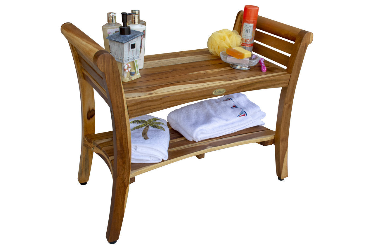 EcoDecors® Symmetry® 29" Teak Wood Shower Bench with Shelf and LiftAide® Arms in EarthyTeak Finish