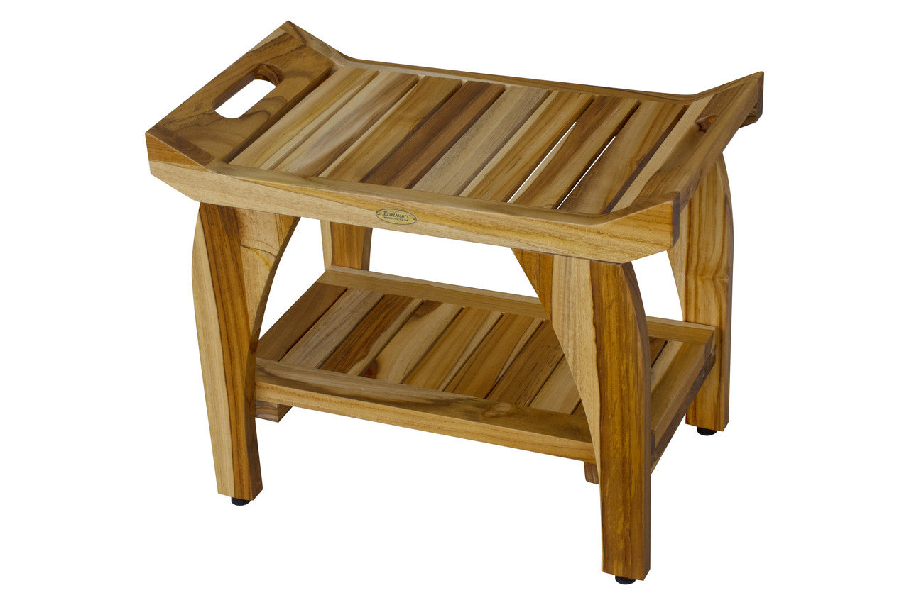 EcoDecors® Tranquility® 24" Teak Wood Shower Bench with Shelf and LiftAide® Arms in EarthyTeak Finish