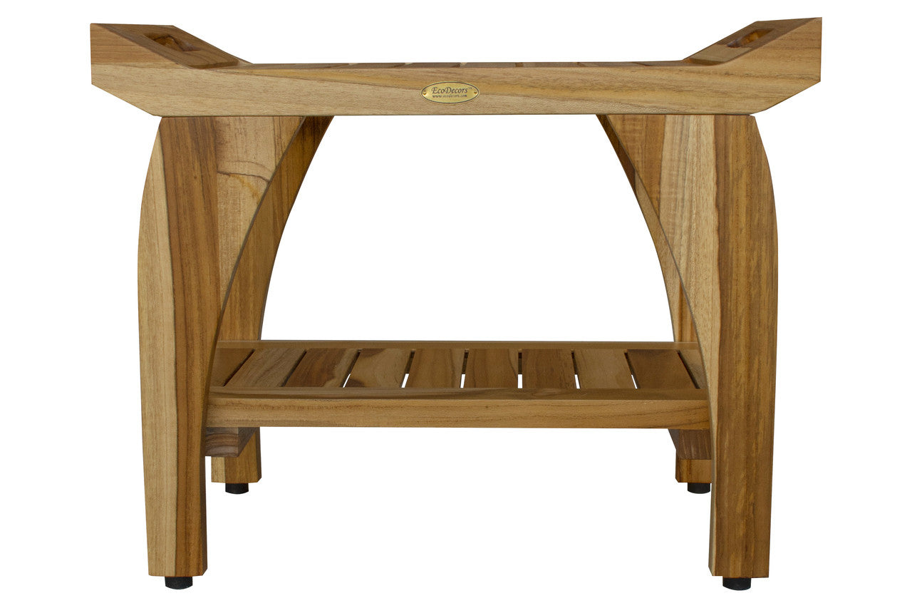EcoDecors® Tranquility® 24" Teak Wood Shower Bench with Shelf and LiftAide® Arms in EarthyTeak Finish