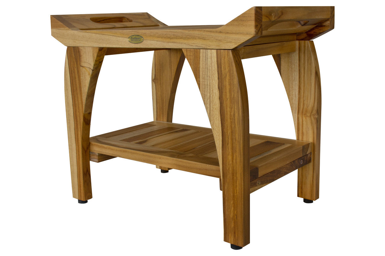 EcoDecors® Tranquility® 24" Teak Wood Shower Bench with Shelf and LiftAide® Arms in EarthyTeak Finish