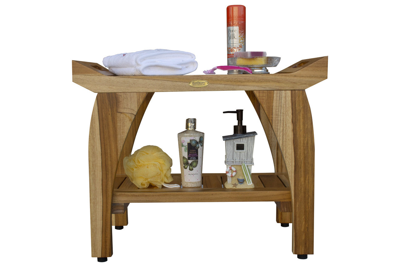 EcoDecors® Tranquility® 24" Teak Wood Shower Bench with Shelf and LiftAide® Arms in EarthyTeak Finish