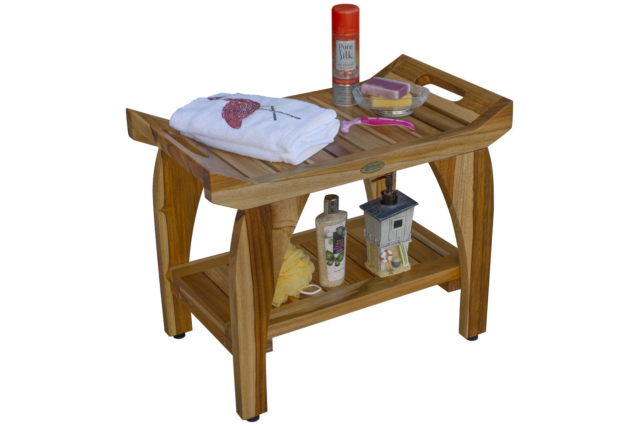 EcoDecors® Tranquility® 24" Teak Wood Shower Bench with Shelf and LiftAide® Arms in EarthyTeak Finish