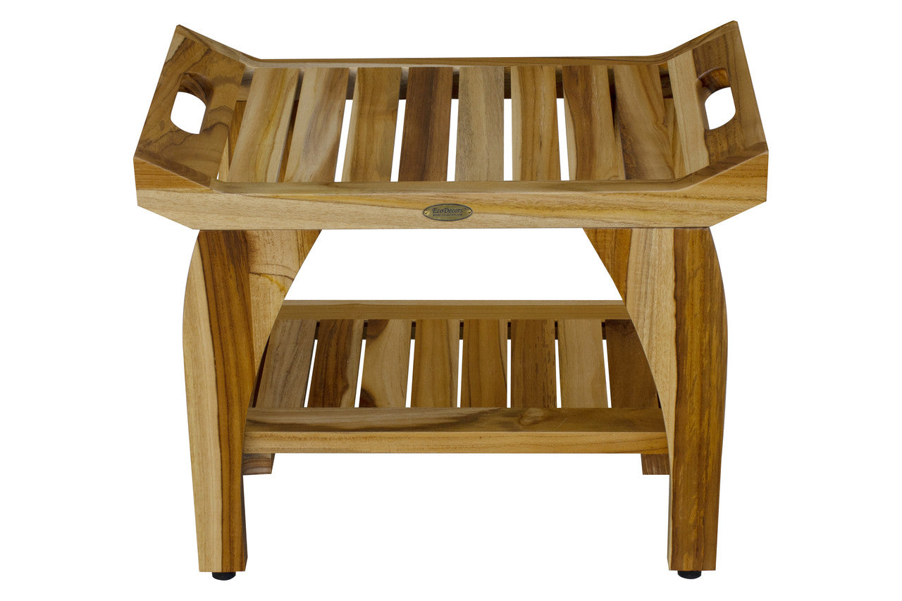 EcoDecors® Tranquility® 24" Teak Wood Shower Bench with Shelf and LiftAide® Arms in EarthyTeak Finish