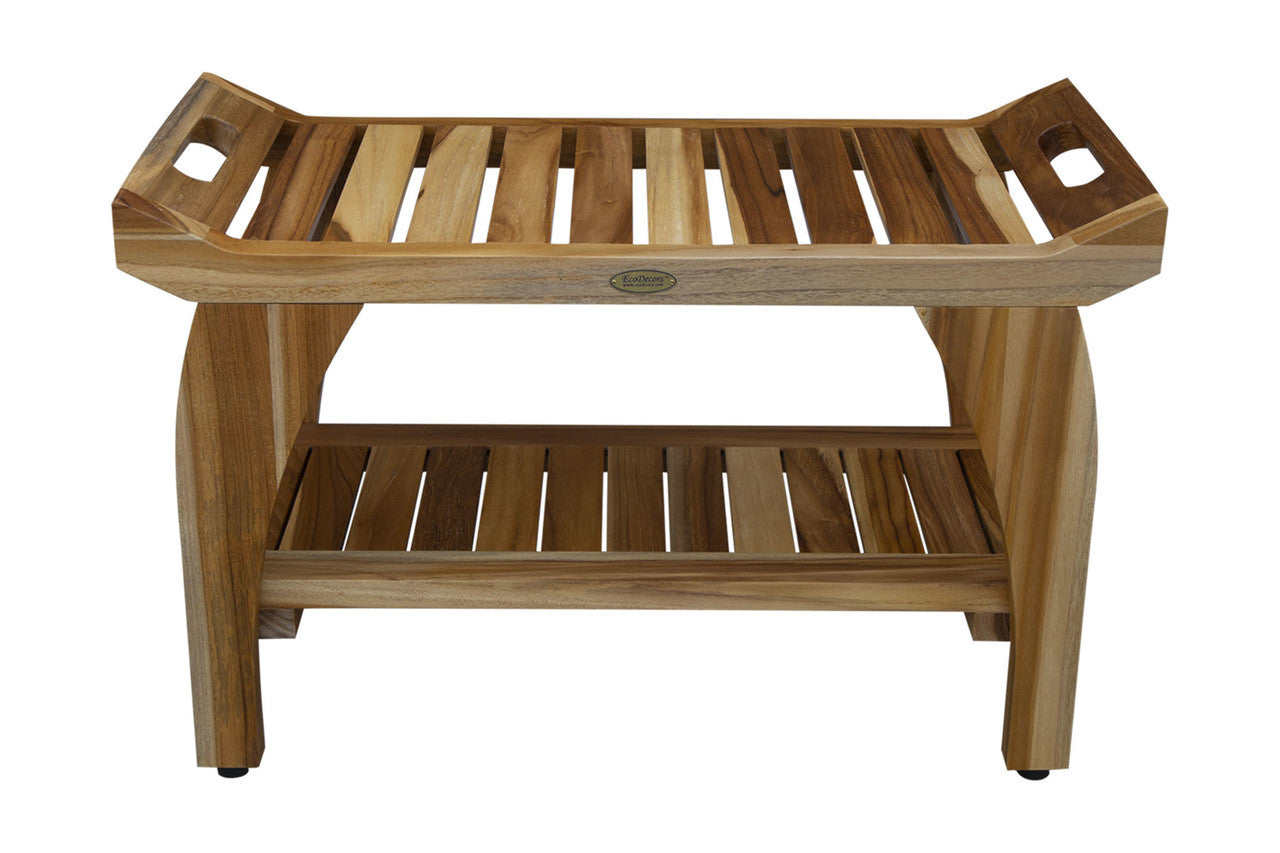 EcoDecors® Tranquility® 30" Teak Wood Shower Bench with Shelf in EarthyTeak Finish