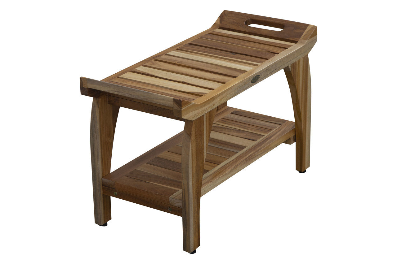 EcoDecors® Tranquility® 30" Teak Wood Shower Bench with Shelf in EarthyTeak Finish