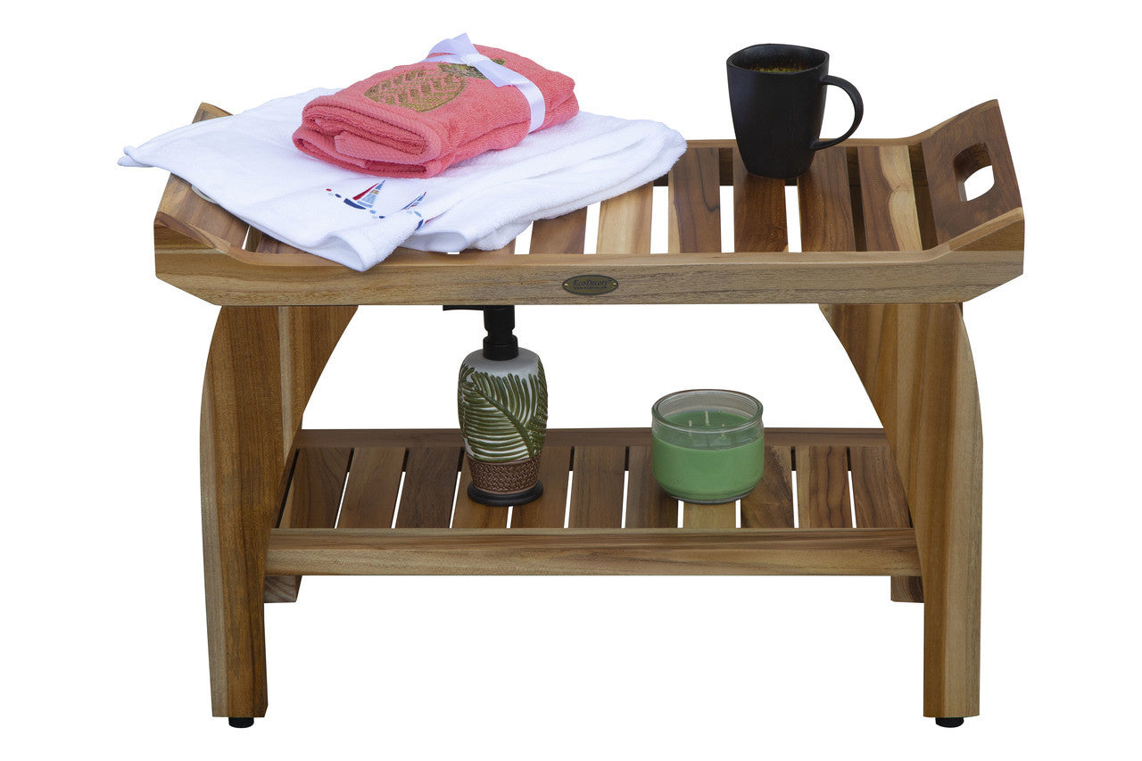 EcoDecors® Tranquility® 30" Teak Wood Shower Bench with Shelf in EarthyTeak Finish