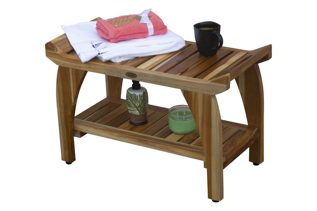 EcoDecors® Tranquility® 30" Teak Wood Shower Bench with Shelf in EarthyTeak Finish
