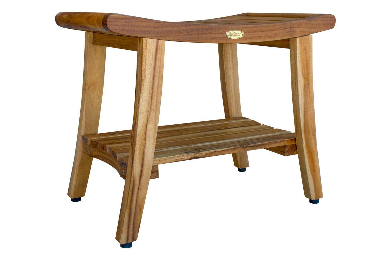 EcoDecors® Harmony® 24" Teak Wood Shower Bench with Shelf and LiftAide® Arms in EarthyTeak Finish