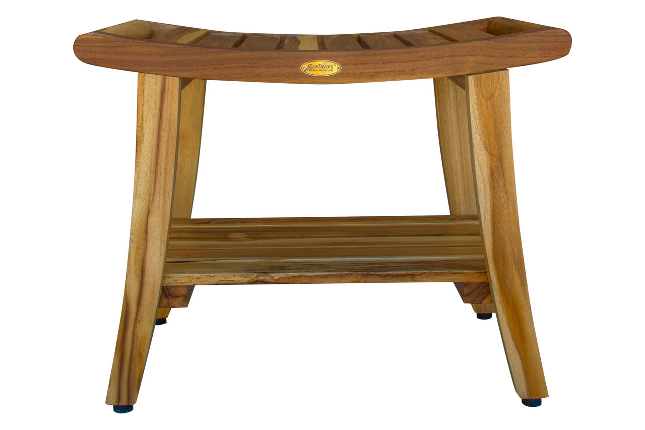 EcoDecors® Harmony® 24" Teak Wood Shower Bench with Shelf and LiftAide® Arms in EarthyTeak Finish