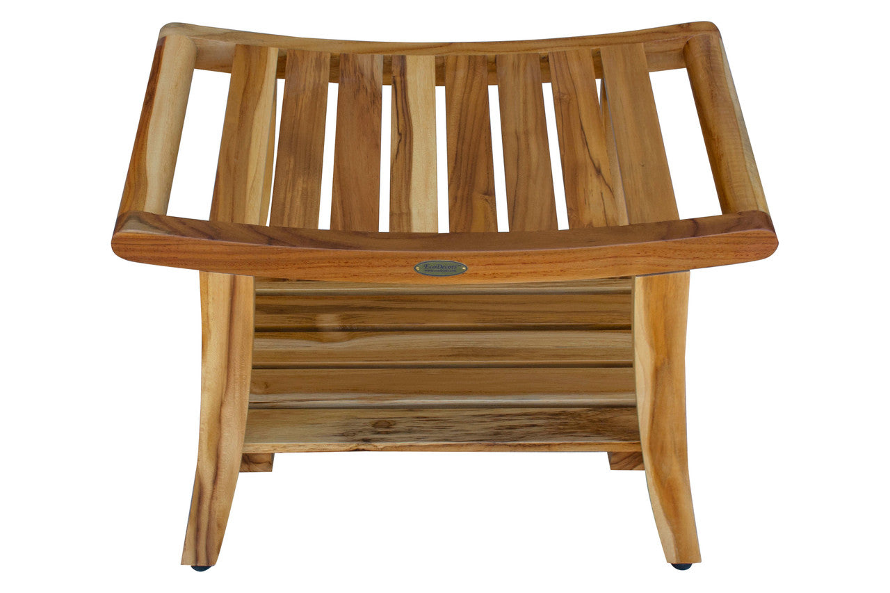 EcoDecors® Harmony® 24" Teak Wood Shower Bench with Shelf and LiftAide® Arms in EarthyTeak Finish