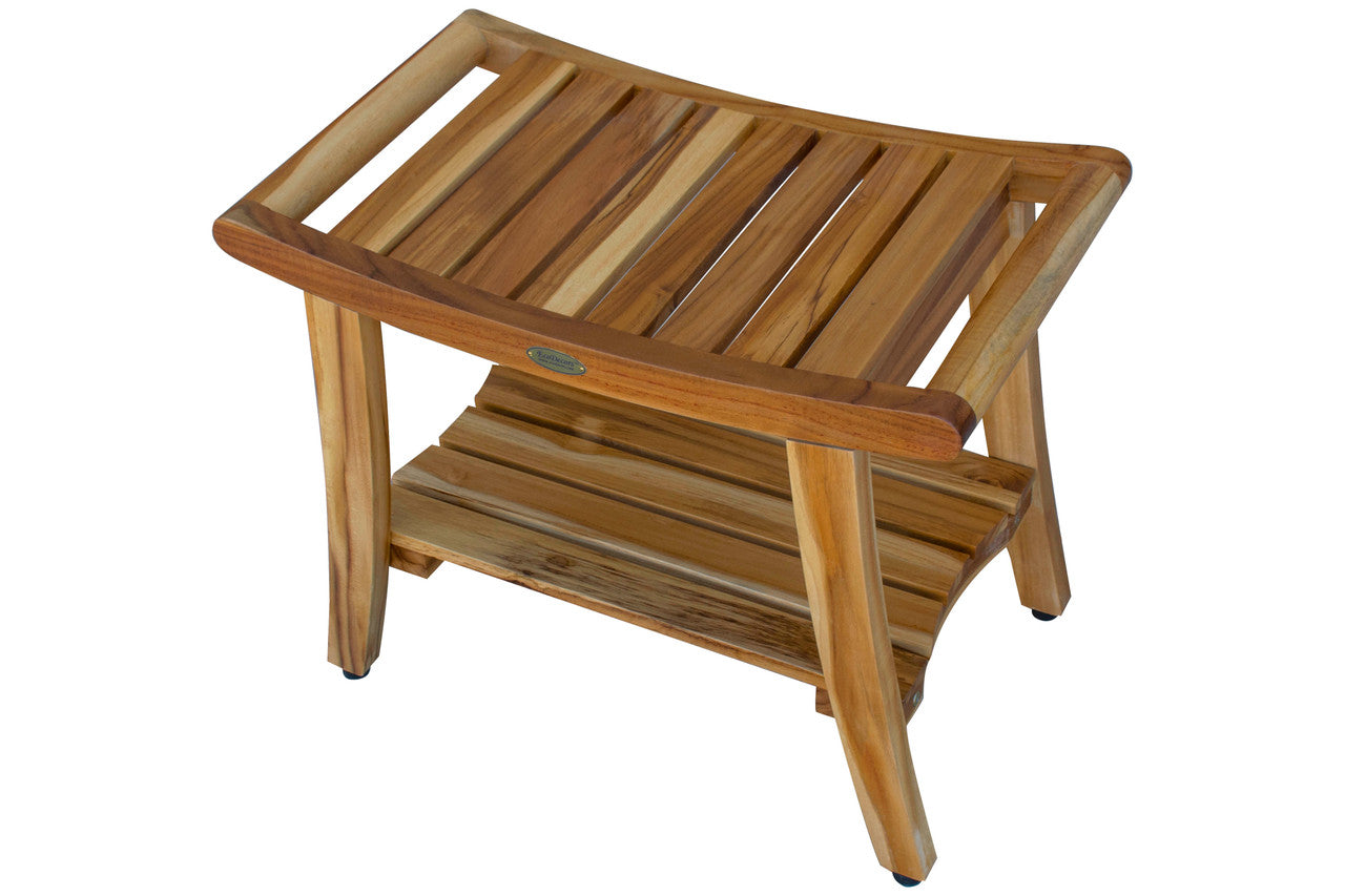 EcoDecors® Harmony® 24" Teak Wood Shower Bench with Shelf and LiftAide® Arms in EarthyTeak Finish