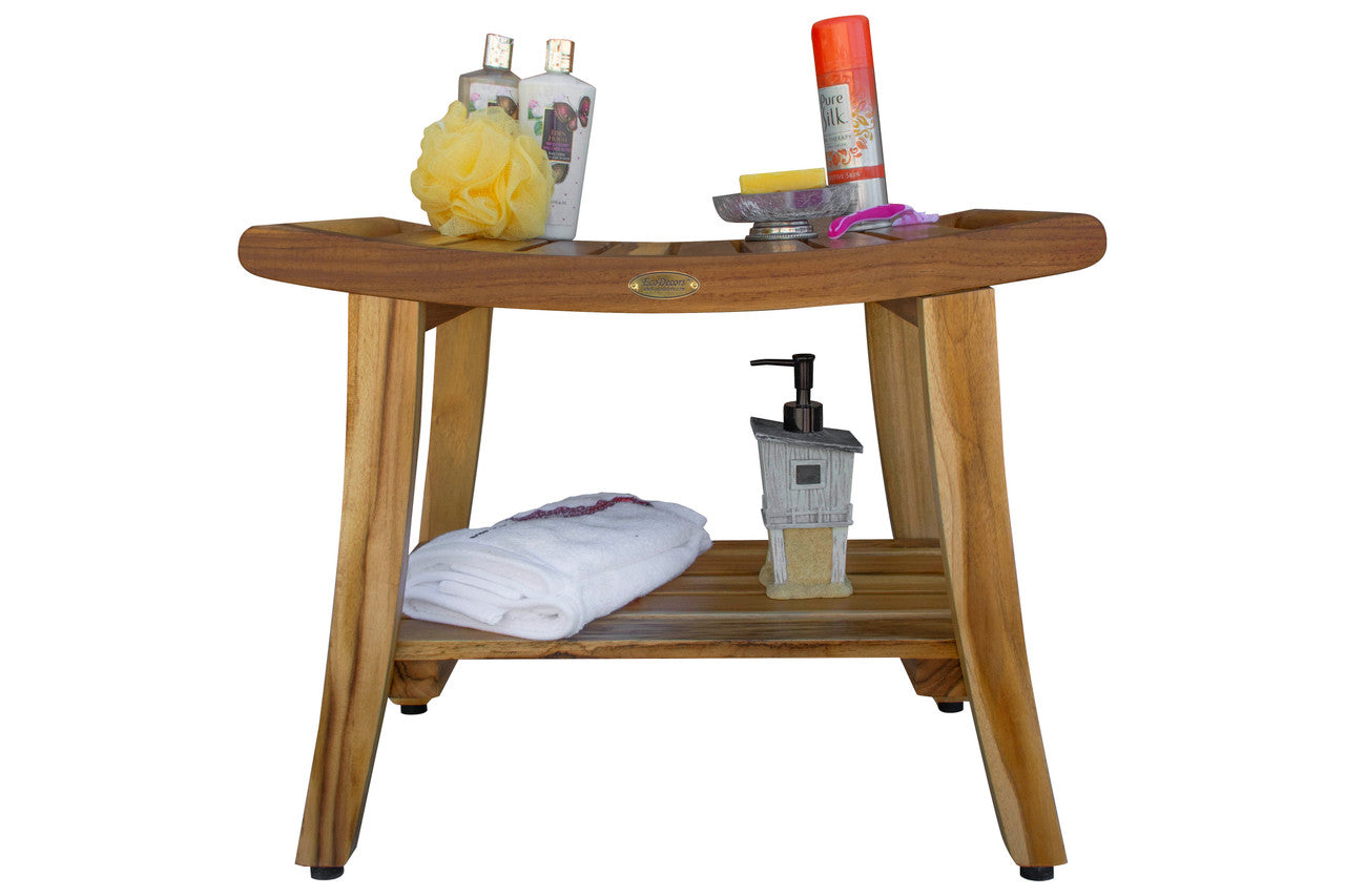 EcoDecors® Harmony® 24" Teak Wood Shower Bench with Shelf and LiftAide® Arms in EarthyTeak Finish
