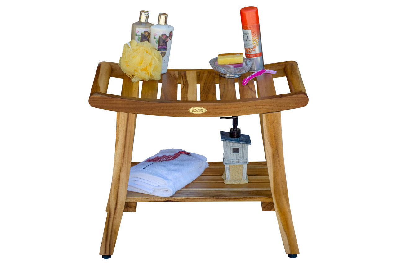 EcoDecors® Harmony® 24" Teak Wood Shower Bench with Shelf and LiftAide® Arms in EarthyTeak Finish