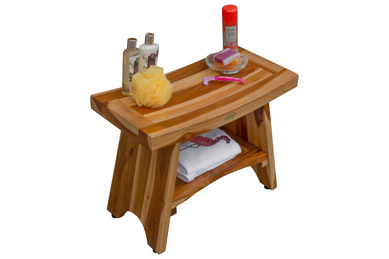 EcoDecors® Serenity® 24" Teak Wood Shower Bench with Shelf in EarthyTeak Finish