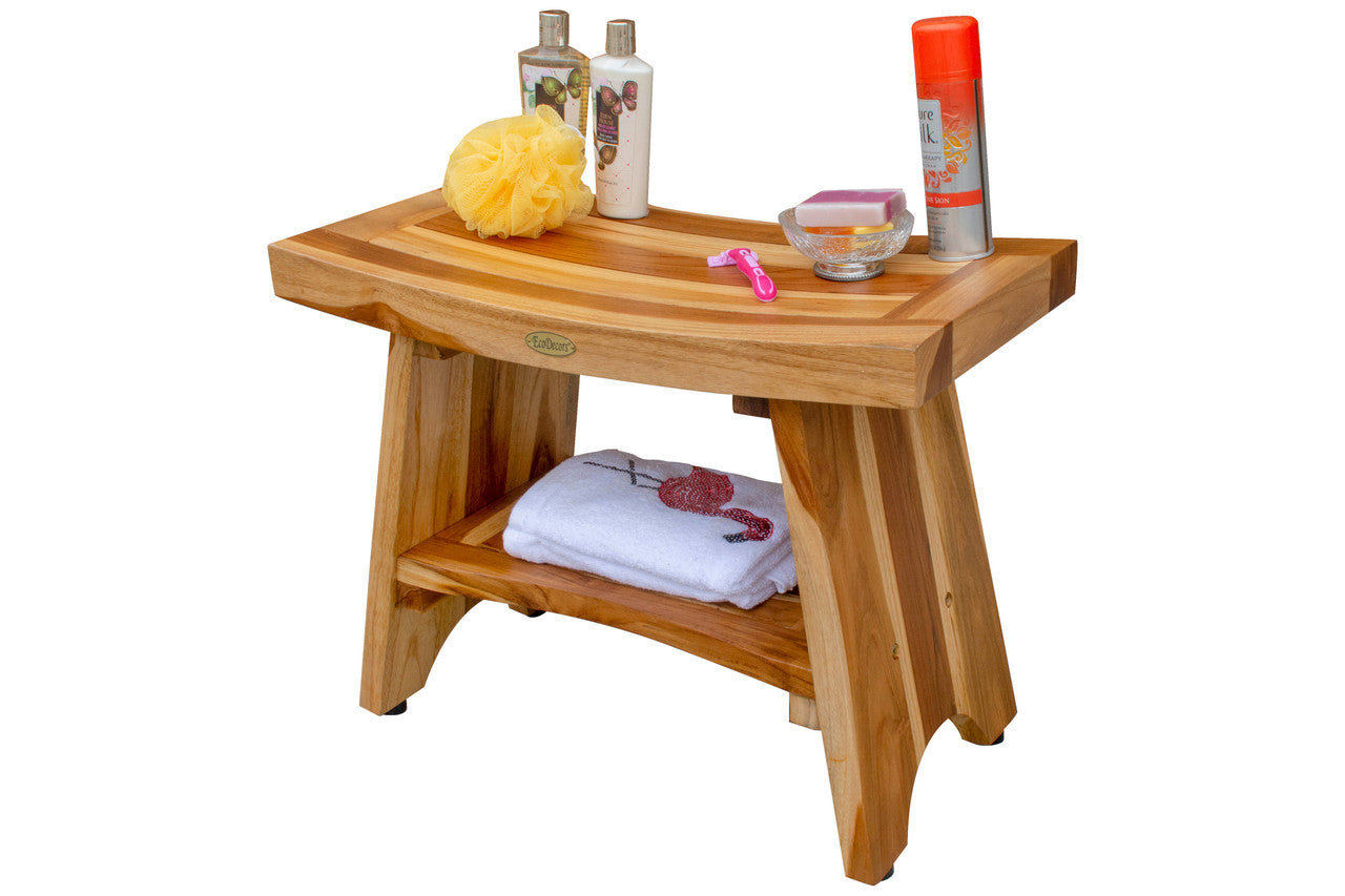 EcoDecors® Serenity® 24" Teak Wood Shower Bench with Shelf in EarthyTeak Finish