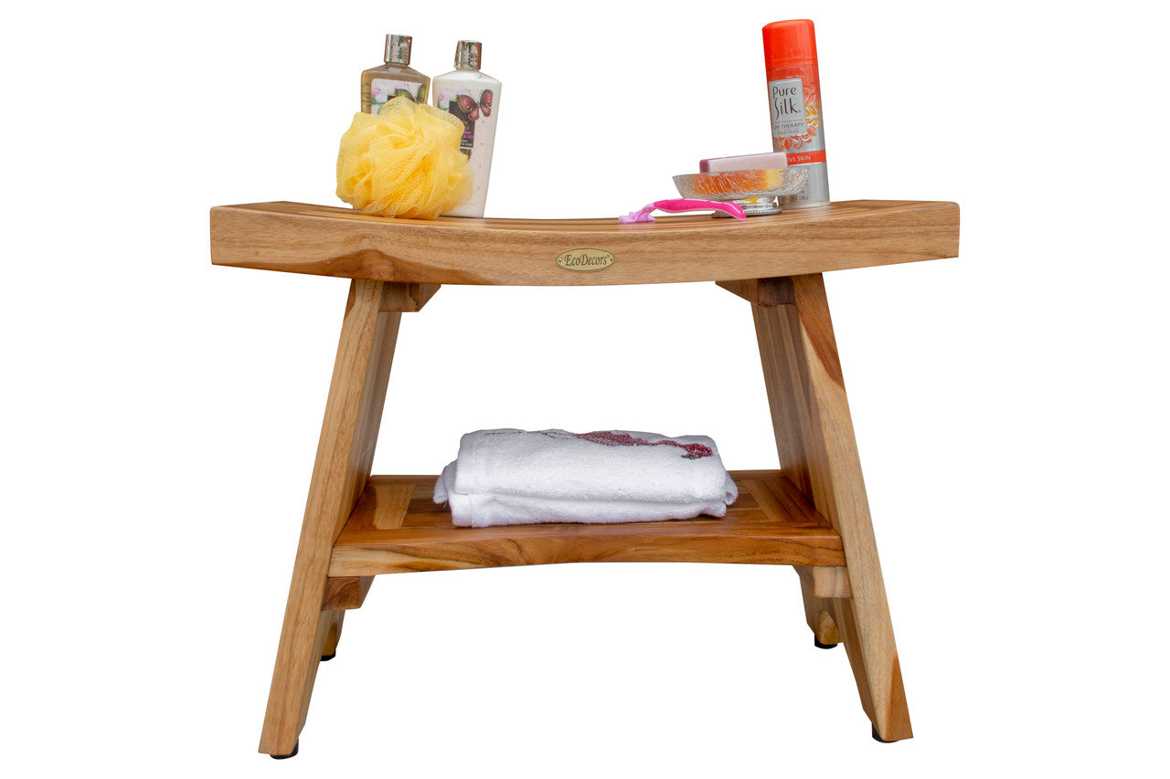 EcoDecors® Serenity® 24" Teak Wood Shower Bench with Shelf in EarthyTeak Finish