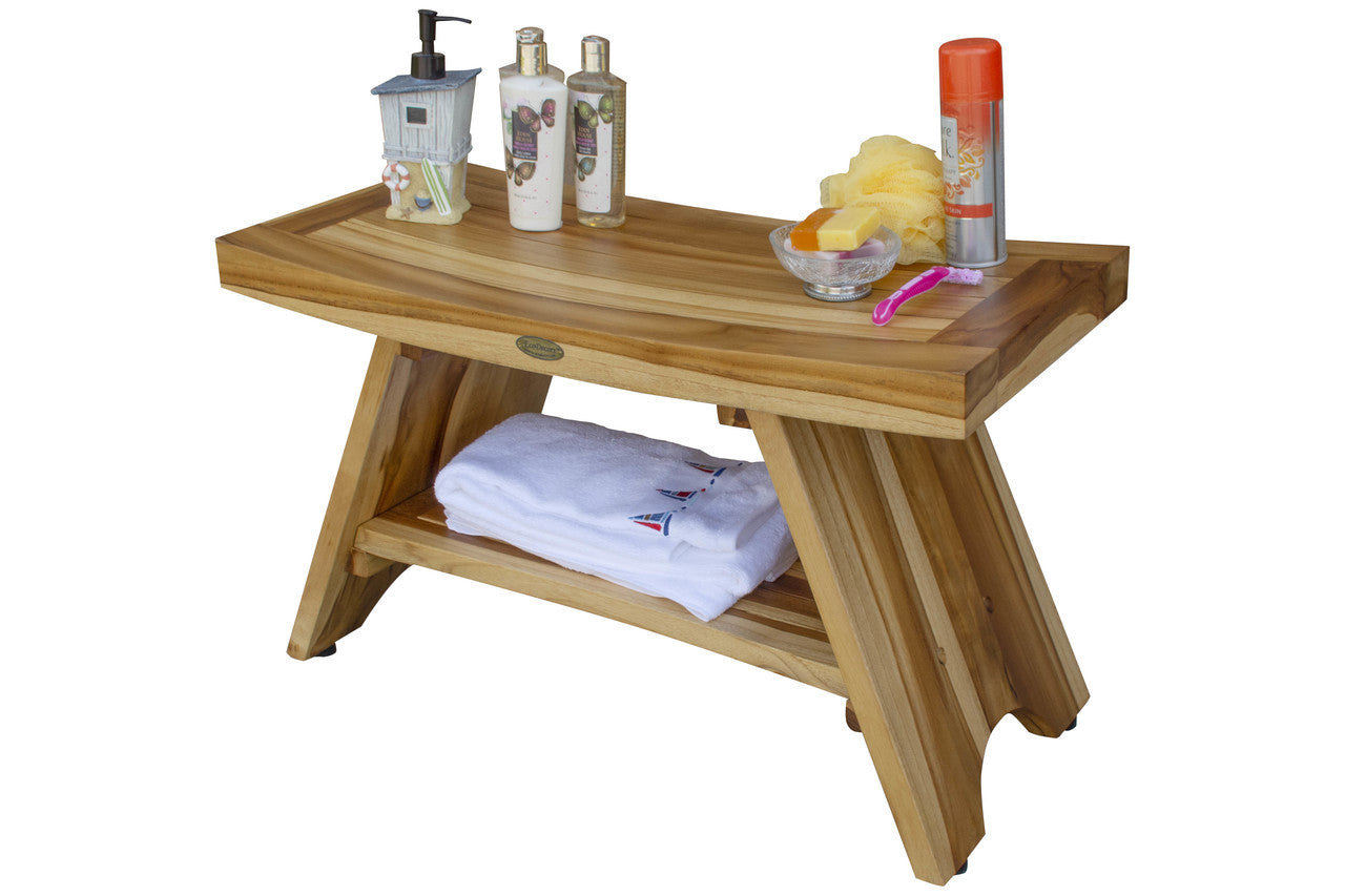 EcoDecors® Serenity® 30" Teak Wood Shower Bench with Shelf in EarthyTeak Finish
