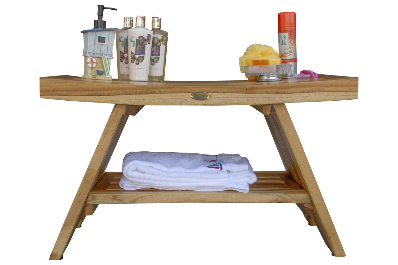 EcoDecors® Serenity® 30" Teak Wood Shower Bench with Shelf in EarthyTeak Finish