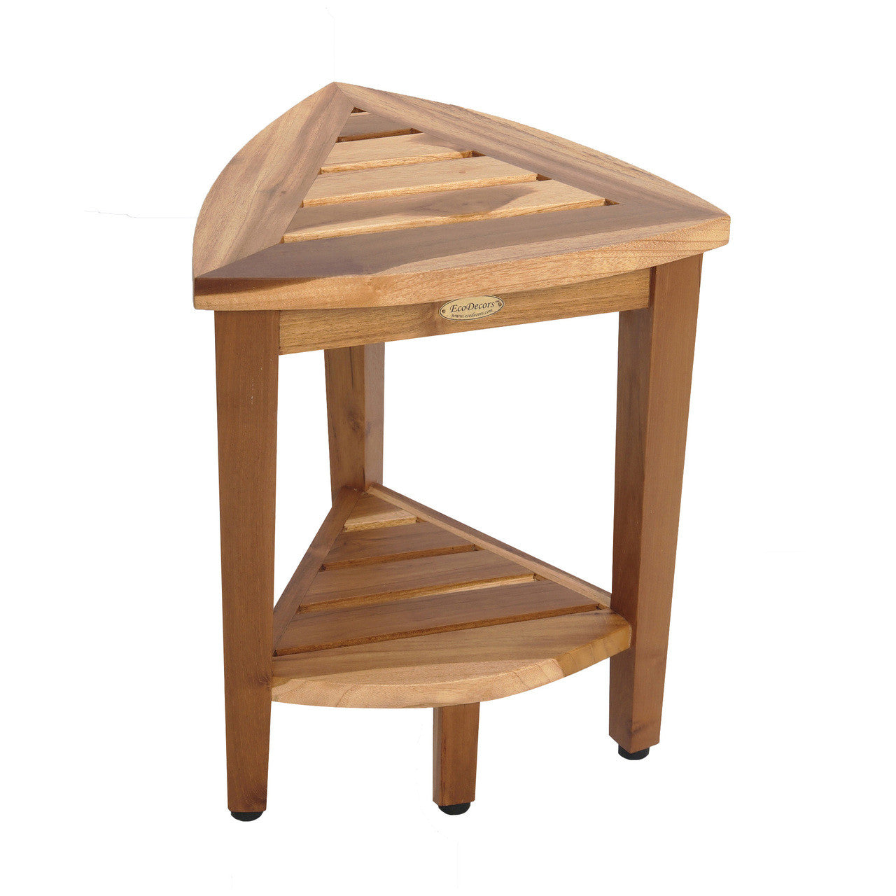 EcoDecors® SnazzyCorner® 18"H Teak Wood Curved Corner Shower Bench with Shelf in EarthyTeak Finish