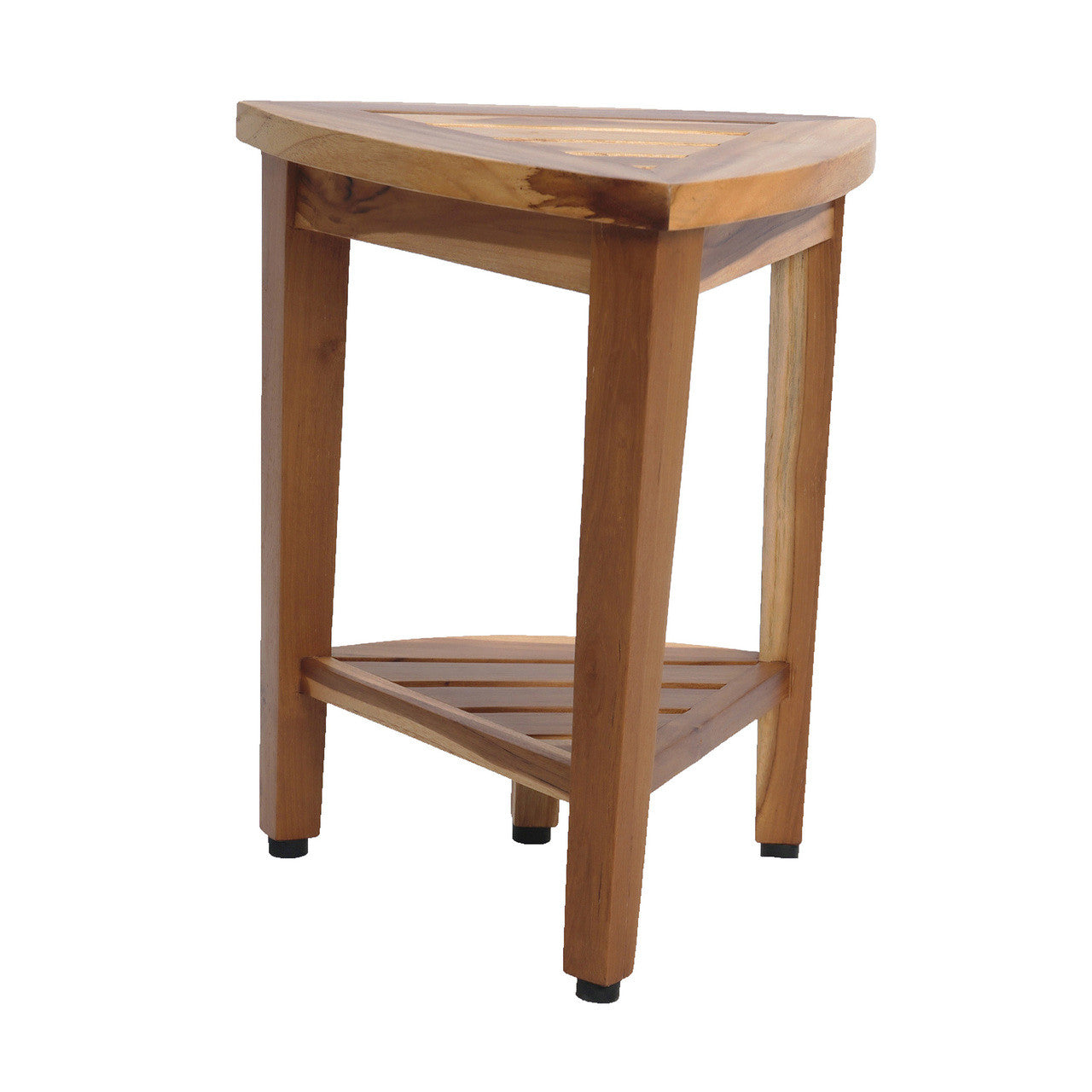 EcoDecors® SnazzyCorner® 18"H Teak Wood Curved Corner Shower Bench with Shelf in EarthyTeak Finish