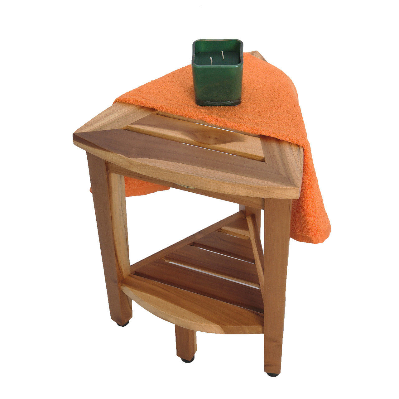 EcoDecors® SnazzyCorner® 18"H Teak Wood Curved Corner Shower Bench with Shelf in EarthyTeak Finish
