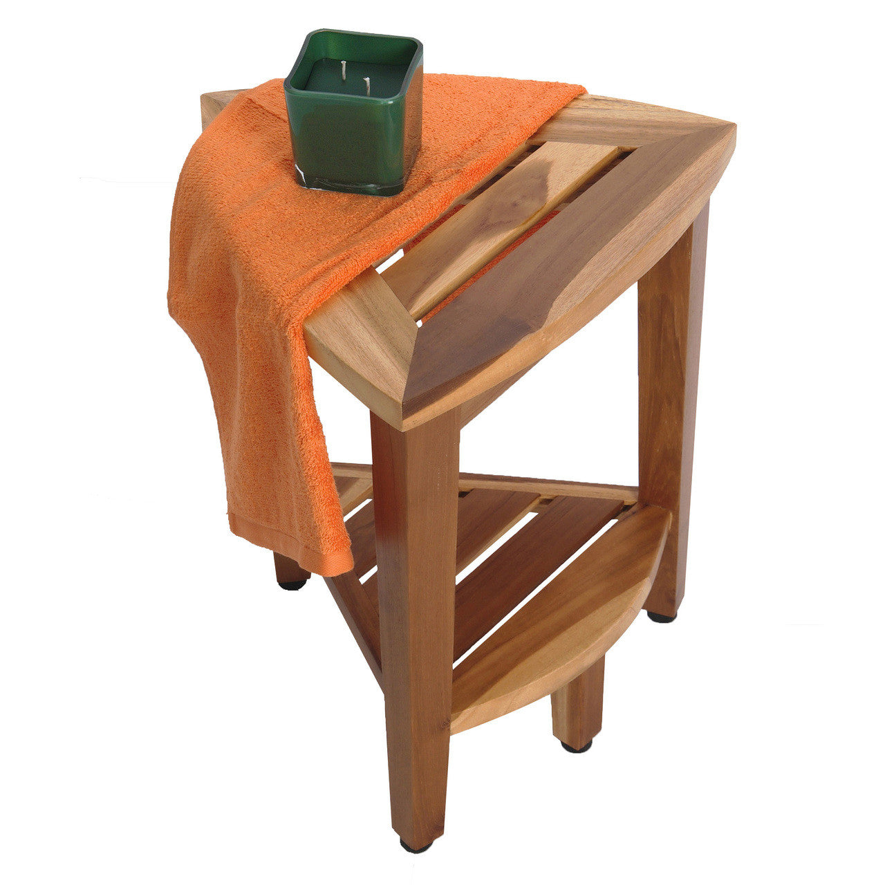 EcoDecors® SnazzyCorner® 18"H Teak Wood Curved Corner Shower Bench with Shelf in EarthyTeak Finish