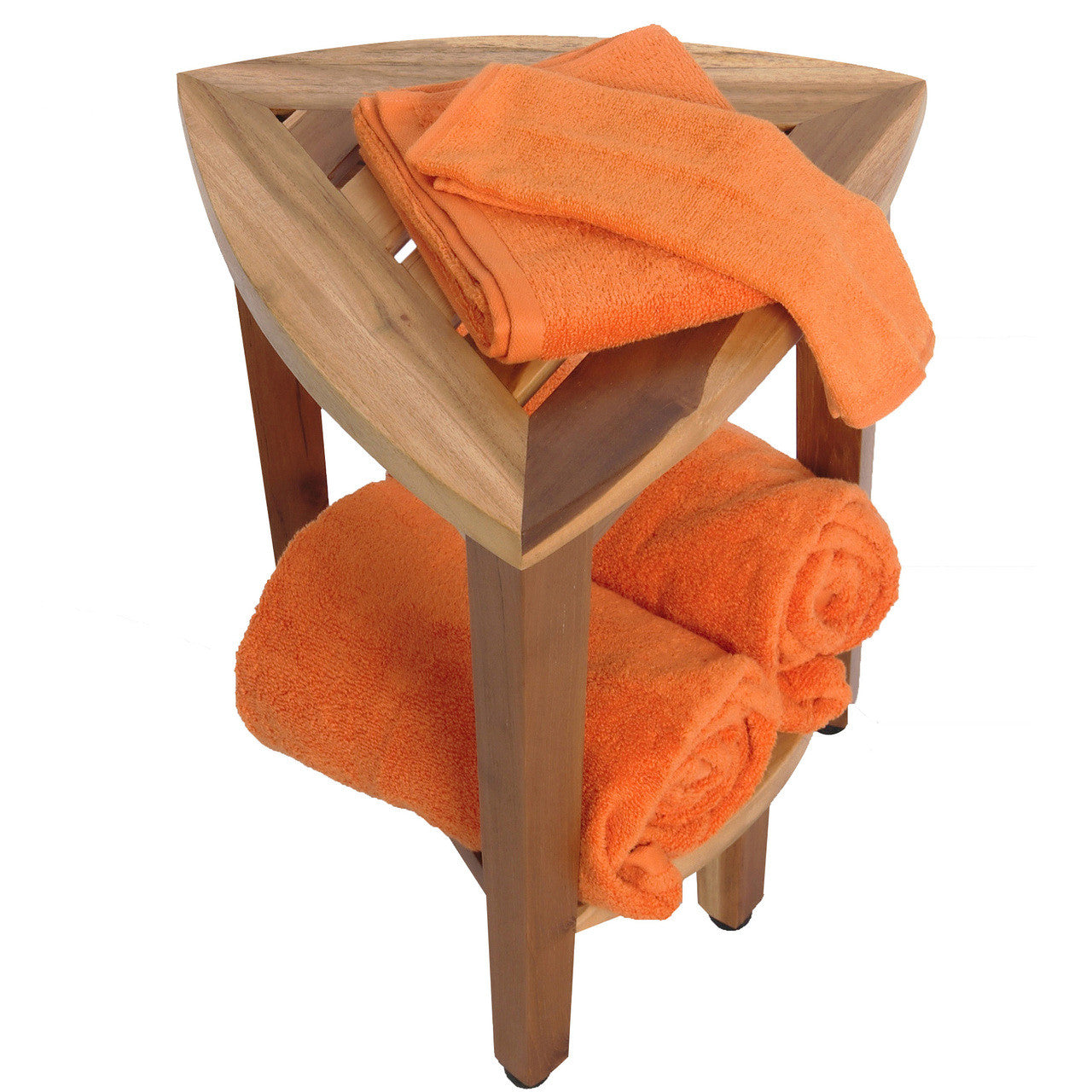 EcoDecors® SnazzyCorner® 18"H Teak Wood Curved Corner Shower Bench with Shelf in EarthyTeak Finish