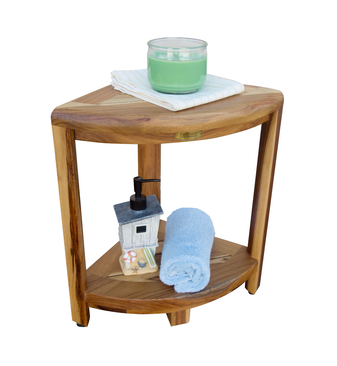 EcoDecors® SnazzyCorner® 18" Teak Wood Corner Shower Bench with Shelf in EarthyTeak Finish With 32 oz. Loveable Teak Cleaner