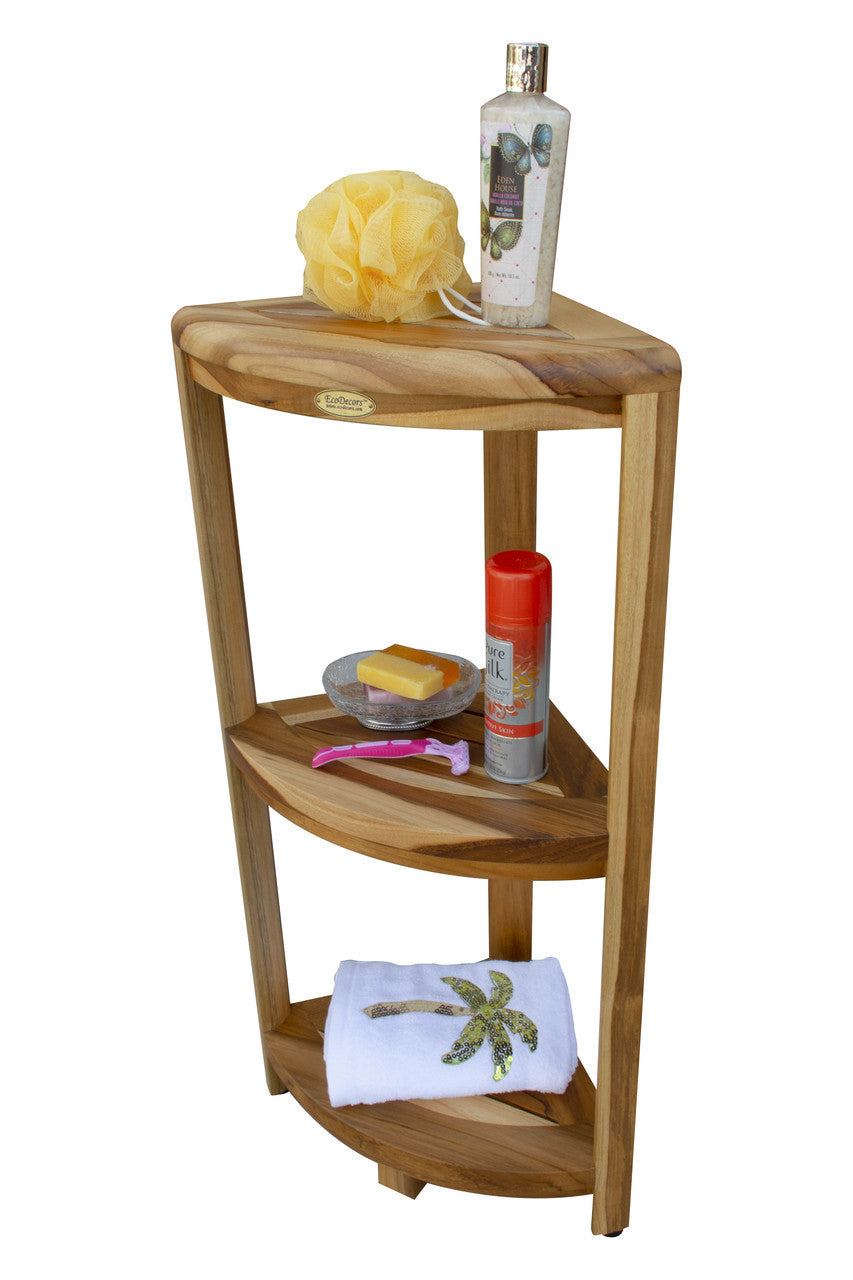 EcoDecors® SnazzyCorner® 32" Teak Wood 3-Tier Corner Shelf in EarthyTeak Finish