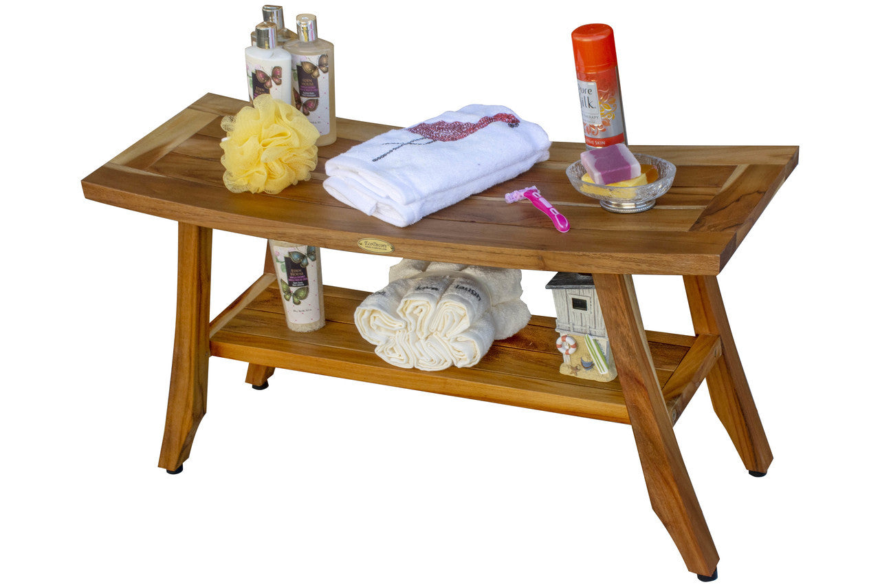 EcoDecors® Satori® 34" Teak Wood Shower Bench with Shelf in EarthyTeak Finish