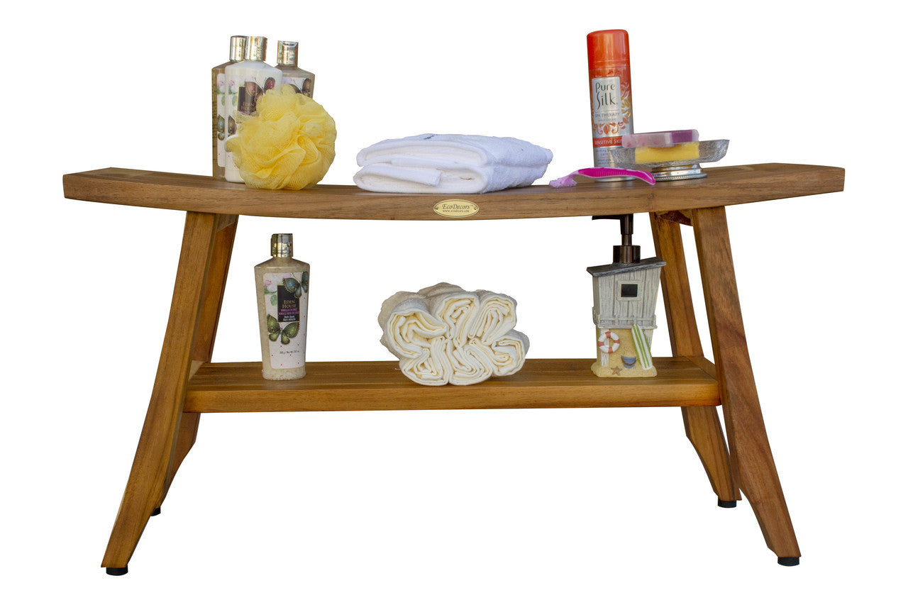 EcoDecors® Satori® 34" Teak Wood Shower Bench with Shelf in EarthyTeak Finish